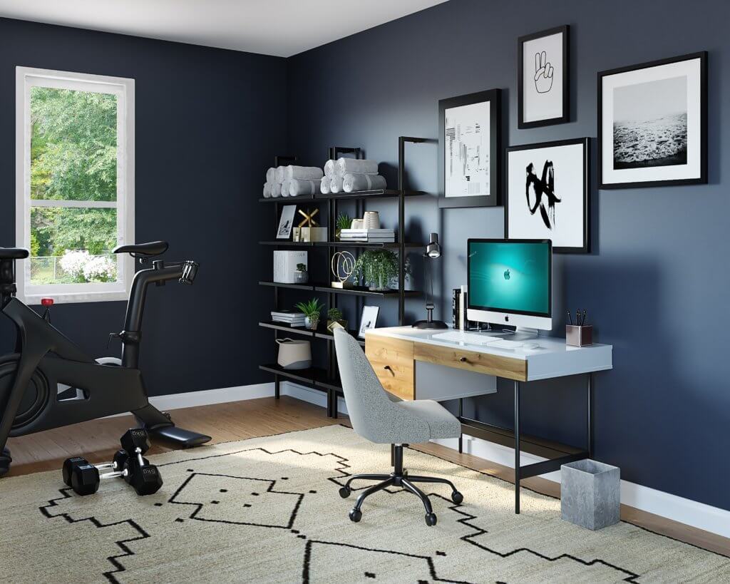 Desk and Exercise Equipment in Room