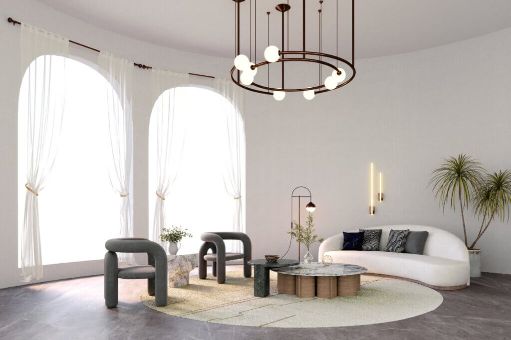 room with arched windows, a curved chandelier, and curved sofa, chairs, and coffee table.