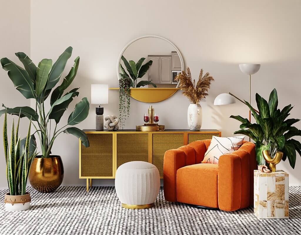 Livingroom with orange armchair, lots of plants, a textured carpet, and gold credenza