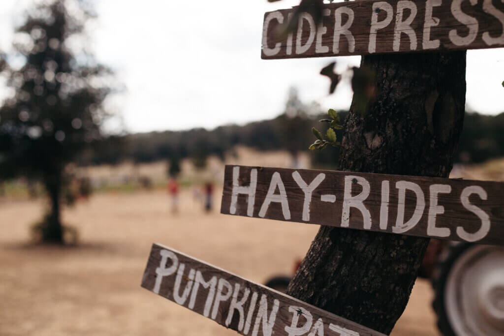 Sign, which says "Cider press, hay-rides, and pumpkin patch" in front of a field