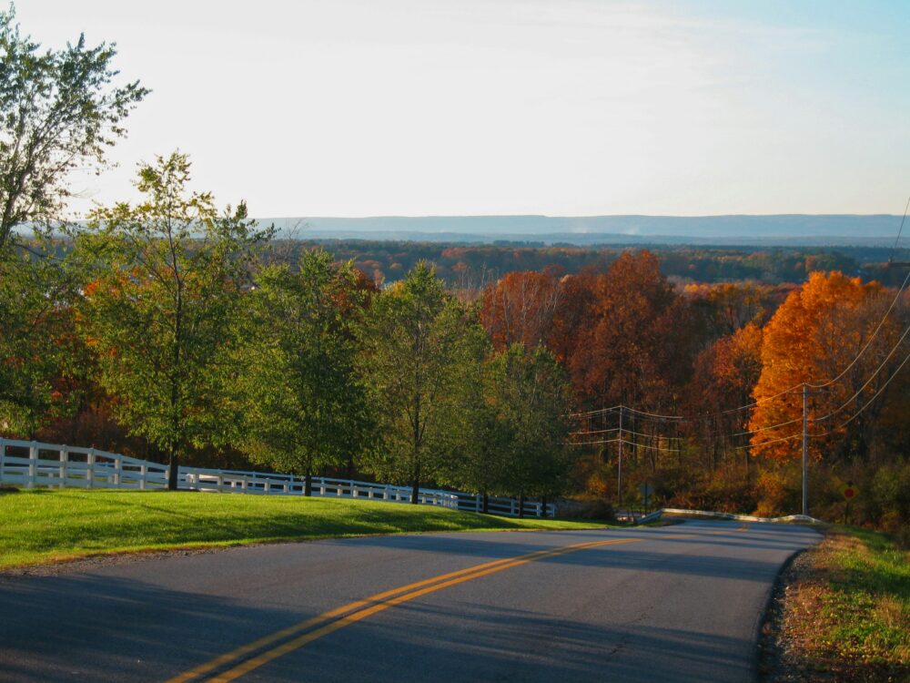 Photo of windy road lined by a white fence and tree with changing fall leaves